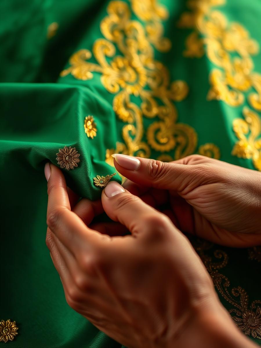 Hands embroidering gold zari work